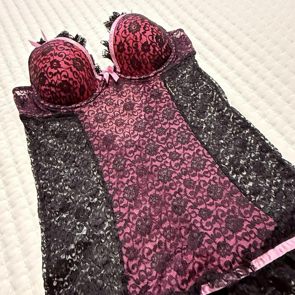 Victoria’s Secret Black Pink Babydoll Chemise Garters 36C Sexy Little Things - Picture 8 of 13
